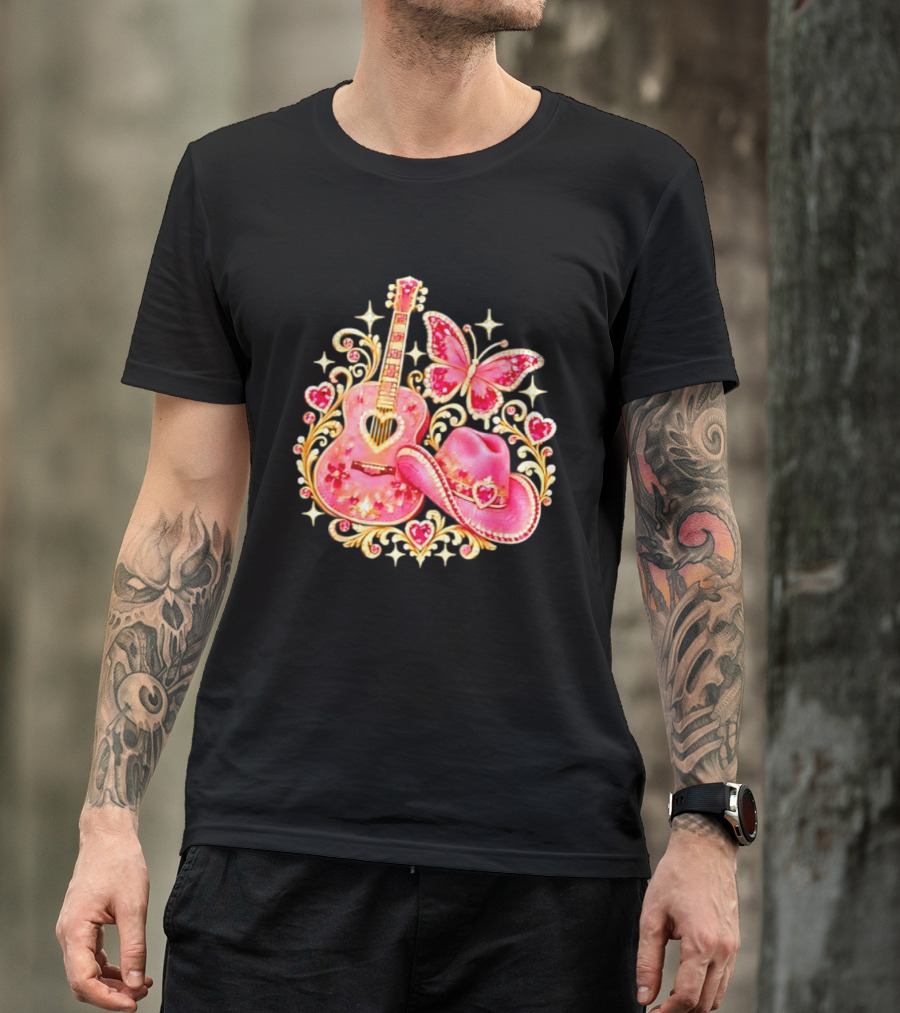 Pink Rhinestone Guitar Cowboy Hat Butterfly Hearts Sparkles T-Shirt