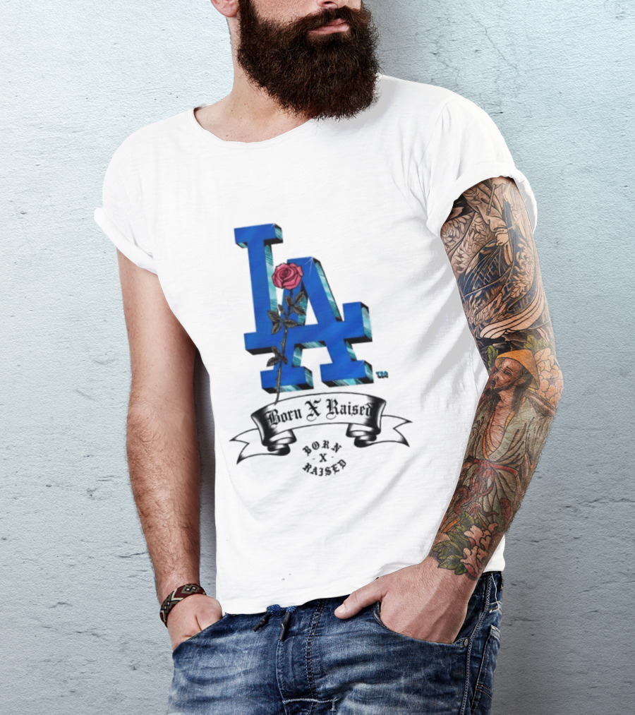 Born X Raised X Los Angeles Dodgers Forever Blue LA Rose T-Shirt