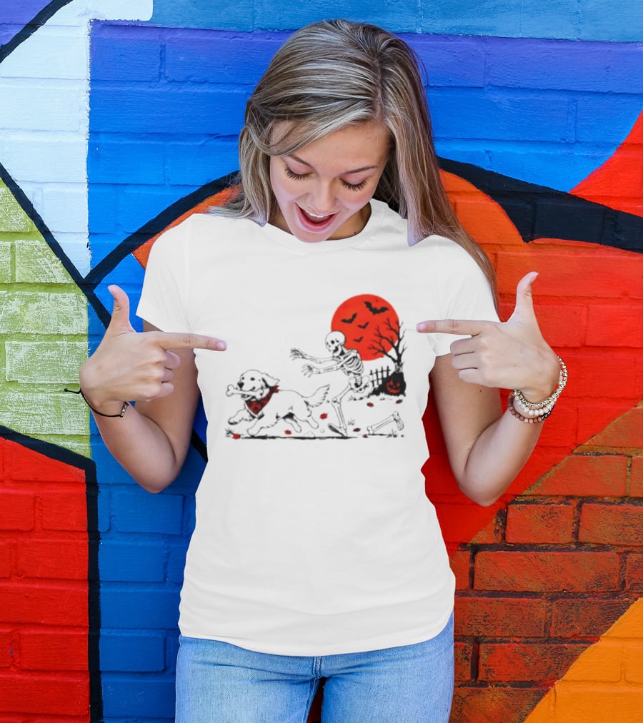 Golden Retriever And Skeleton Chase Under Red Moon With Bats And Pumpkin T-Shirt