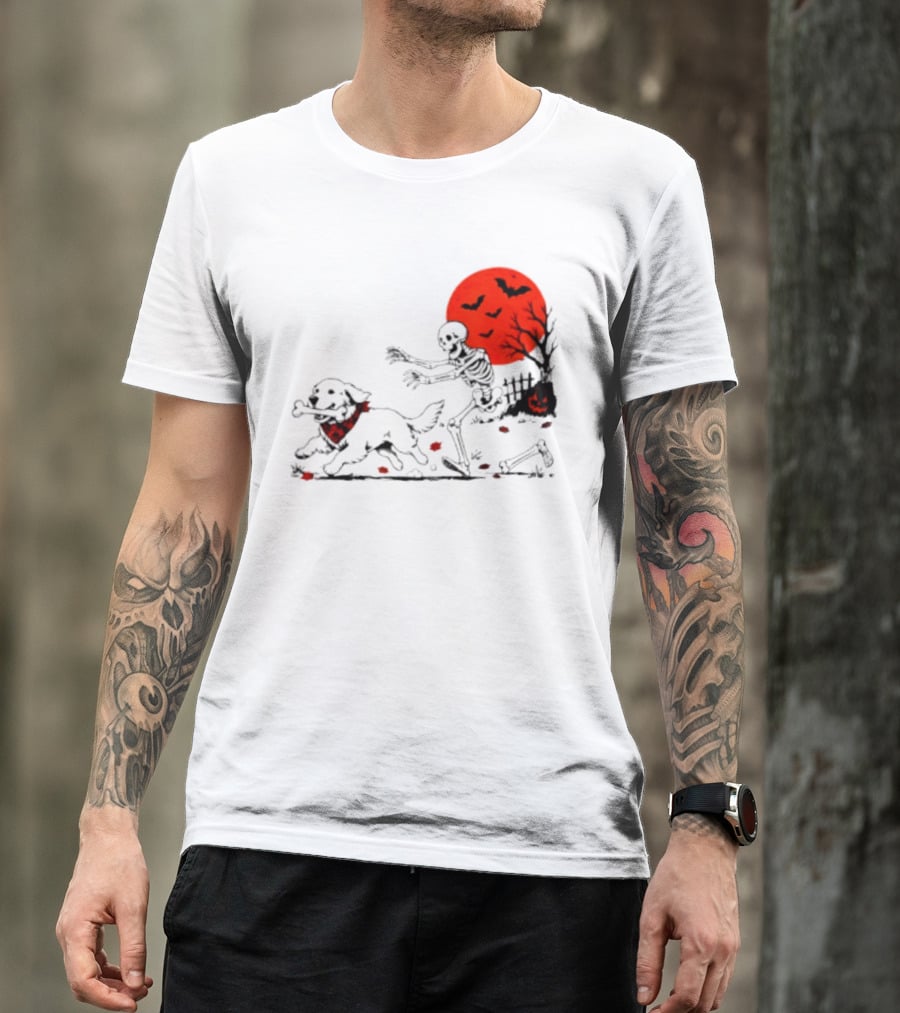 Golden Retriever And Skeleton Chase Under Red Moon With Bats And Pumpkin T-Shirt