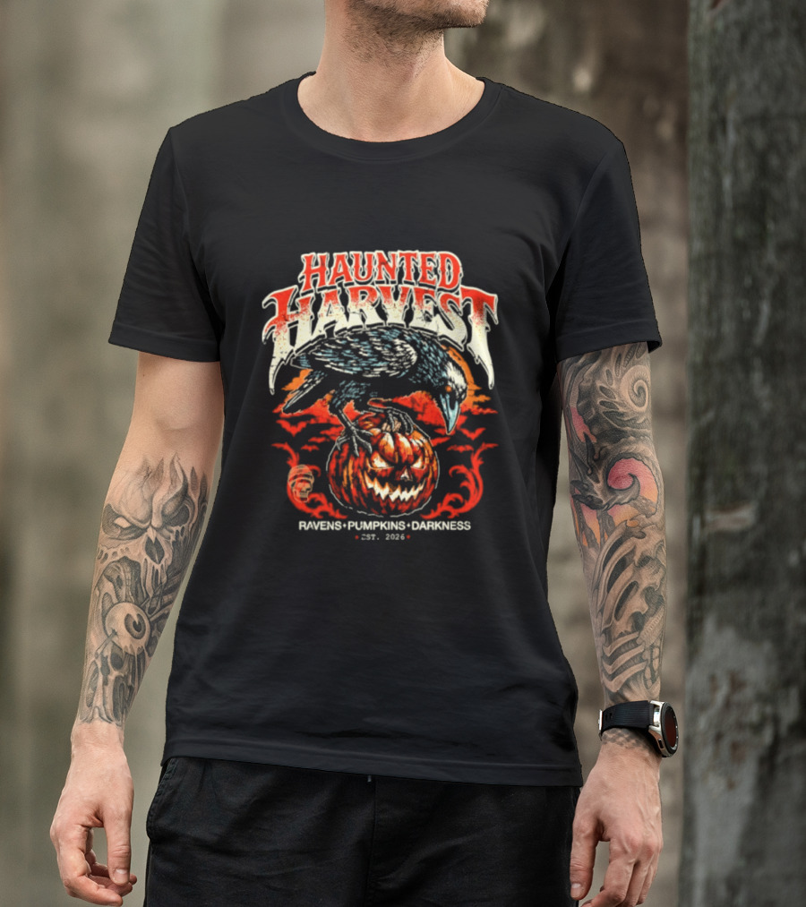 Haunted Harvest Ravens Pumpkins Darkness Est 2026 T-Shirt