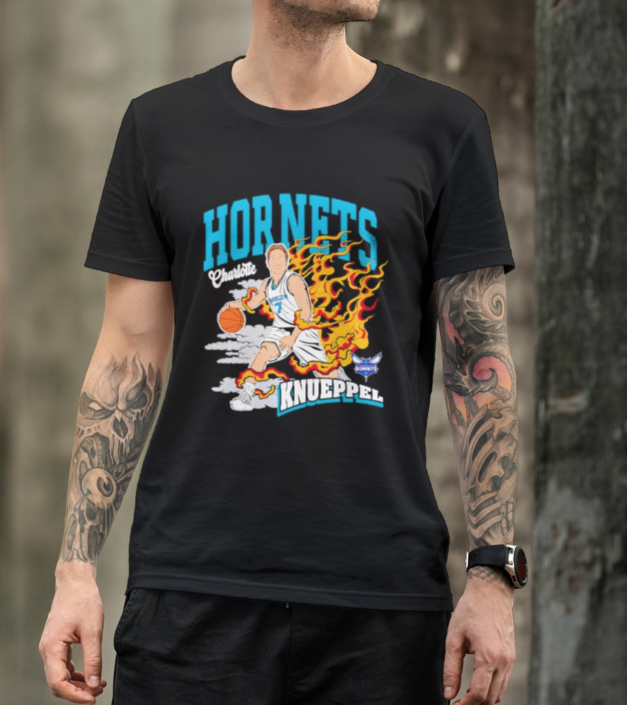 Charlotte Hornets Kon Knueppel Basketball With Flames Motif T-Shirt