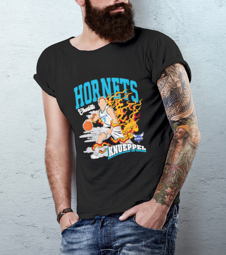 Charlotte Hornets Kon Knueppel Basketball With Flames Motif T-Shirt