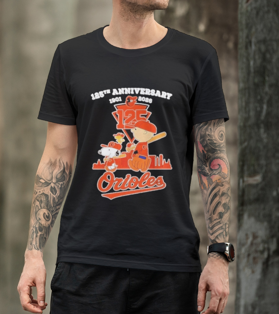 Peanuts Snoopy Baltimore Orioles 125th Anniversary 1901 2026 Skyline Baseball T-Shirt
