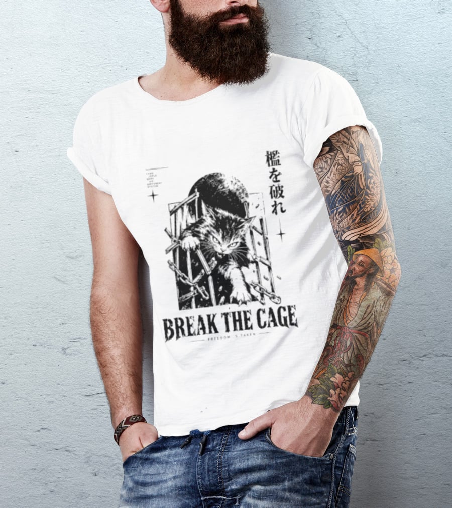 Break The Cage Freedom Is Taken Cat Kanji T-Shirt