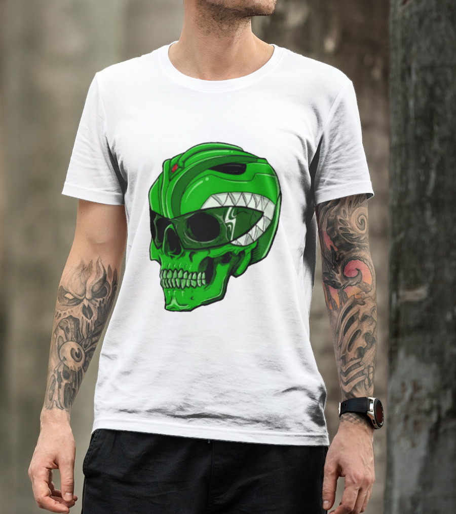 Mighty Morphin Power Rangers Green Ranger Zombie Skull Helmet Mashup T-Shirt