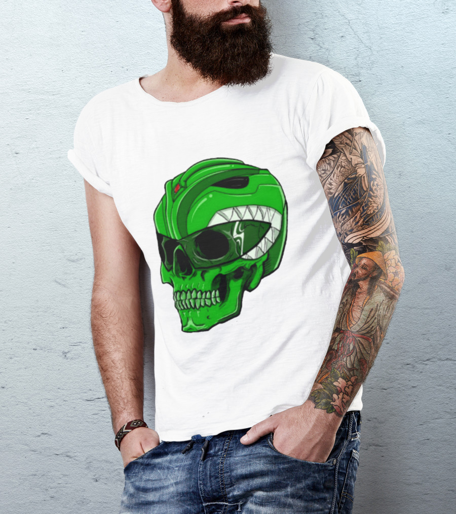 Mighty Morphin Power Rangers Green Ranger Zombie Skull Helmet Mashup T-Shirt