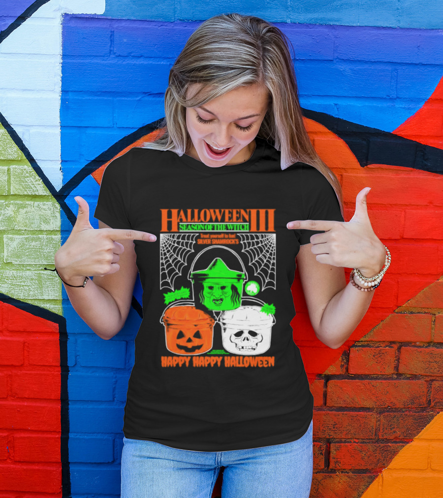 Halloween III Season Of The Witch Silver Shamrock Pumpkin Skull Witch Buckets Happy Happy Halloween T-Shirt