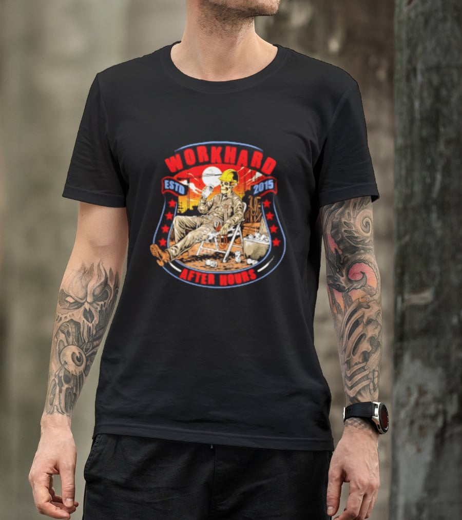 Work Hard After Hours Estd 2015 Skeleton Construction Worker Relaxing Moonlight Scene T-Shirt