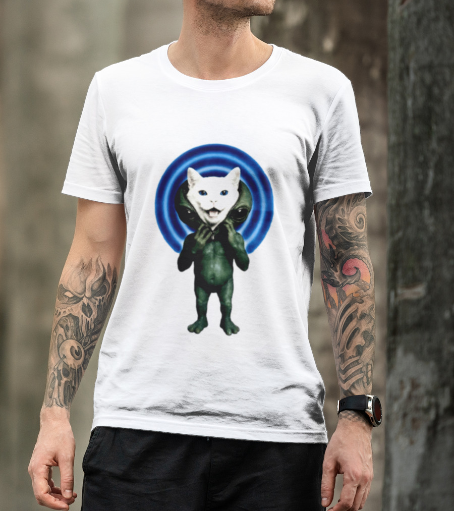 Cat Unzipping Alien Costume Sci Fi Whimsical Blue Ripple Effect T-Shirt
