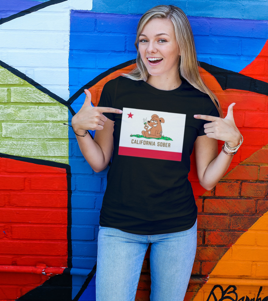 California Sober Bear With Joint And Drink State Flag T-Shirt