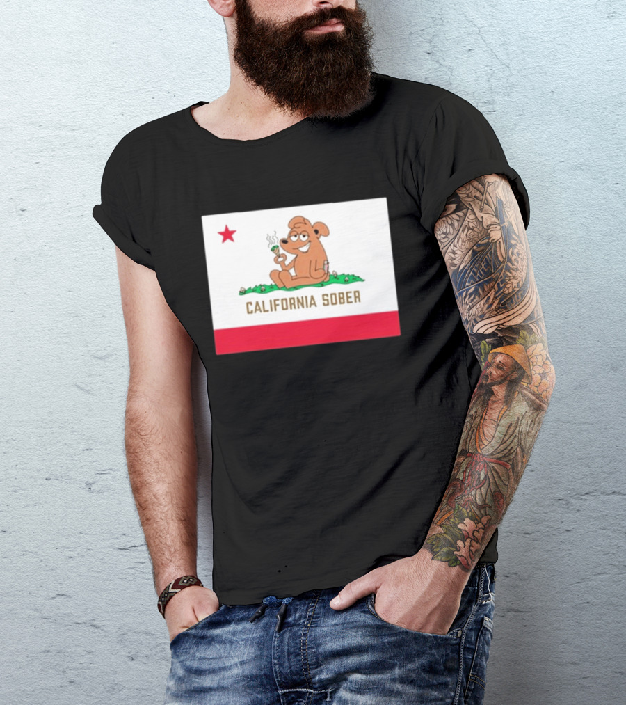 California Sober Bear With Joint And Drink State Flag T-Shirt