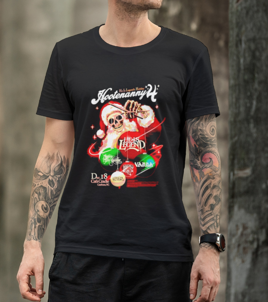 Holiday Hootenanny He Is Legend Skeleton Santa Cat's Cradle Carrboro NC Christmas T-Shirt