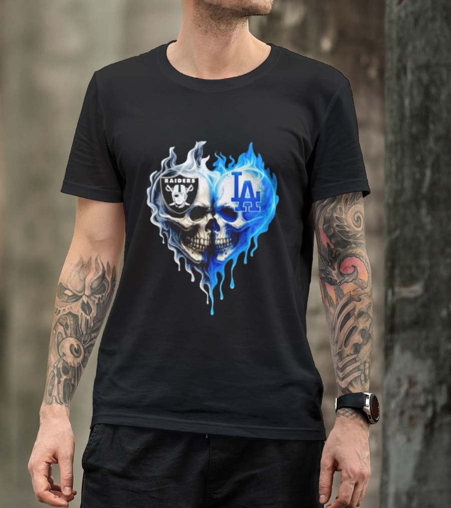 Las Vegas Raiders Los Angeles Dodgers Skulls Heart Blue Flames T-Shirt