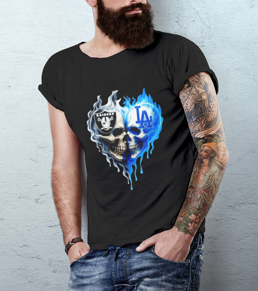 Las Vegas Raiders Los Angeles Dodgers Skulls Heart Blue Flames T-Shirt