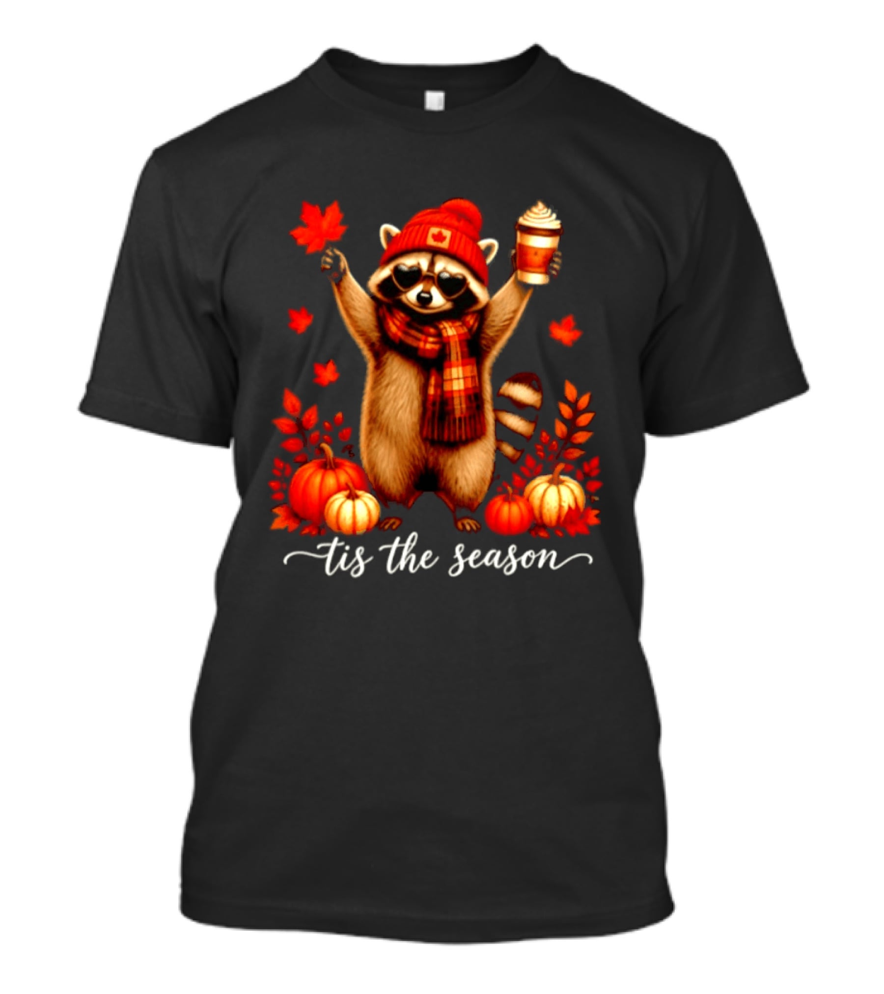 Raccoon In Scarf With Heart Sunglasses Autumn Leaves Pumpkins Tis The Season T-Shirt