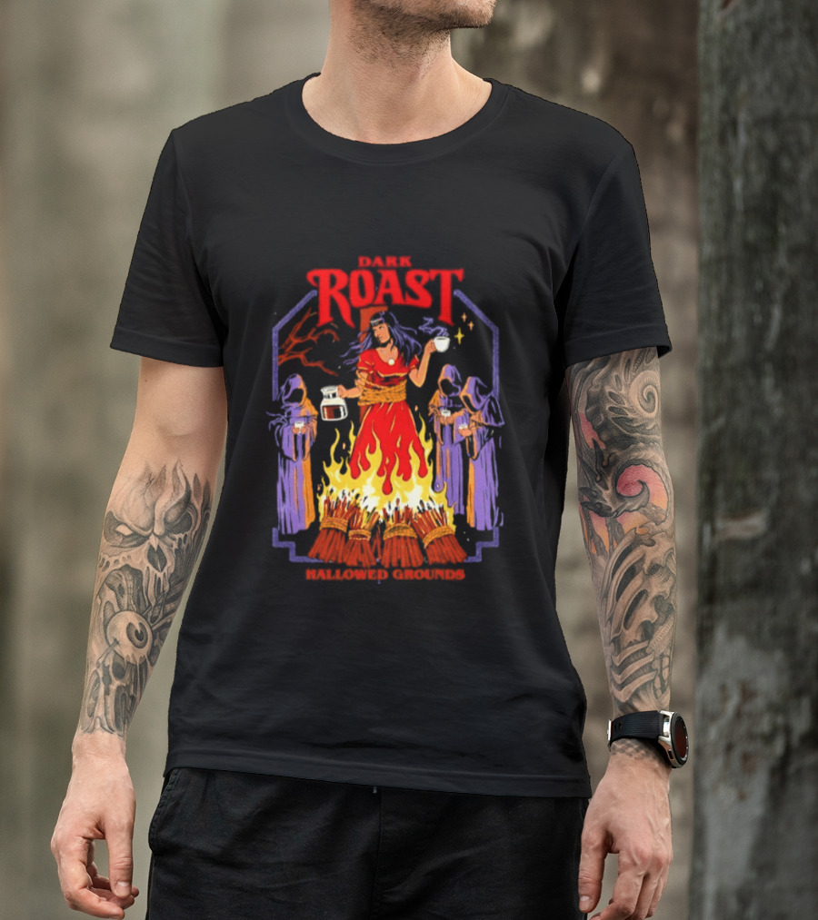 Dark Roast Hallowed Grounds Coffee Witch Brewing Flames And Rituals T-Shirt