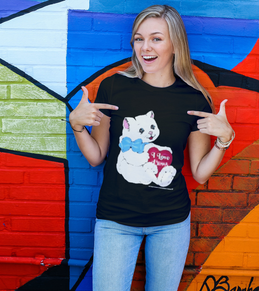 I Love Pussy Cats Heart Blue Bow Adorable White Kitten T-Shirt