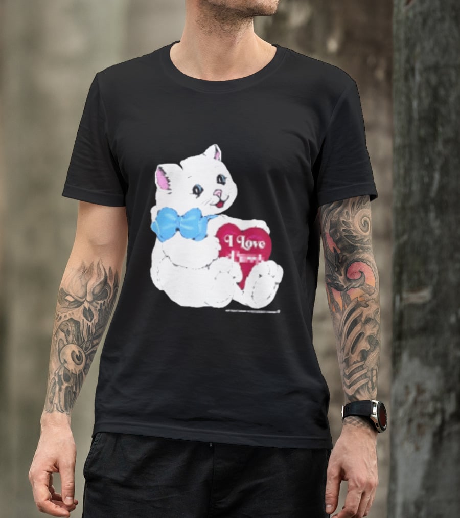 I Love Pussy Cats Heart Blue Bow Adorable White Kitten T-Shirt