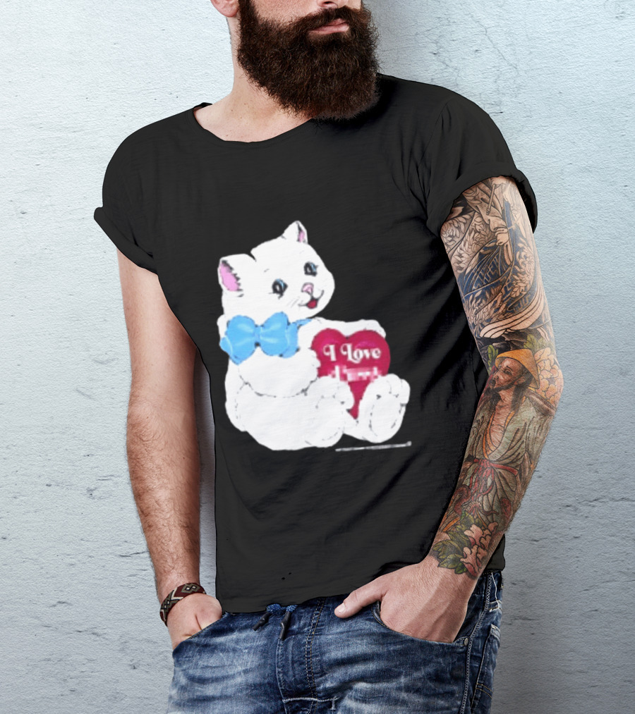 I Love Pussy Cats Heart Blue Bow Adorable White Kitten T-Shirt