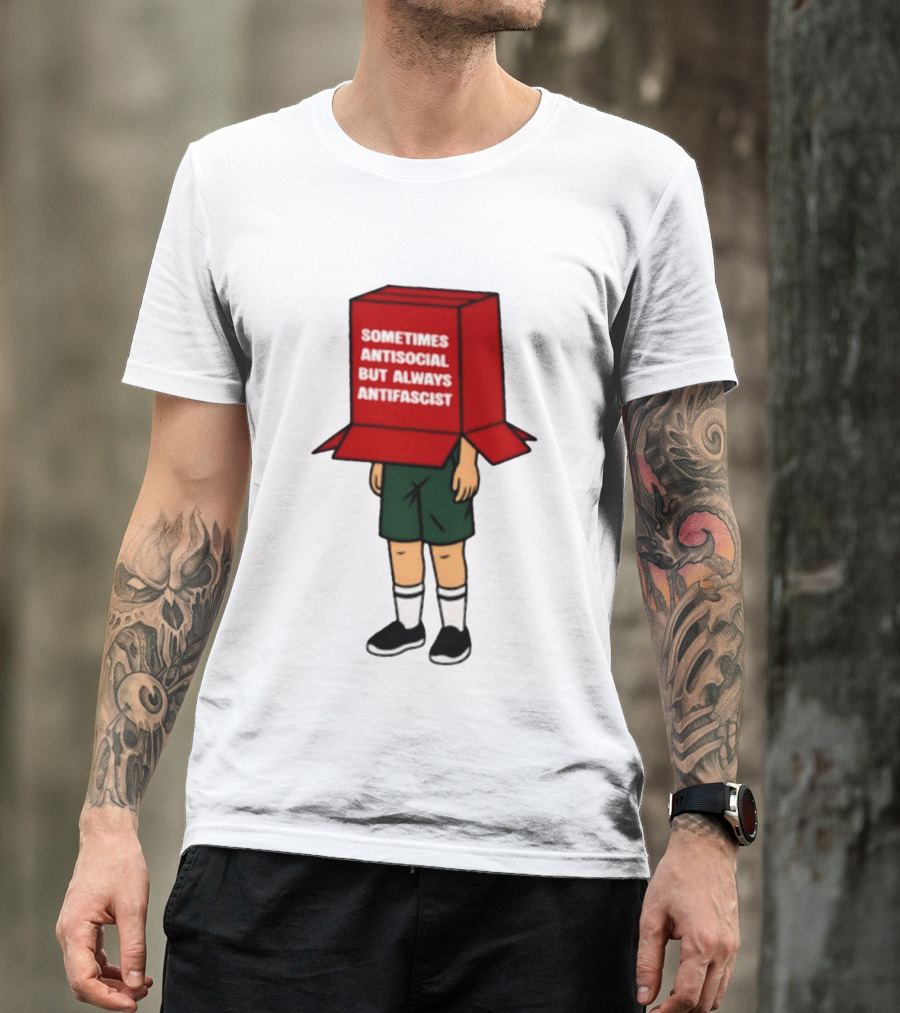Sometimes Antisocial But Always Antifascist Box Head Cartoon T-Shirt