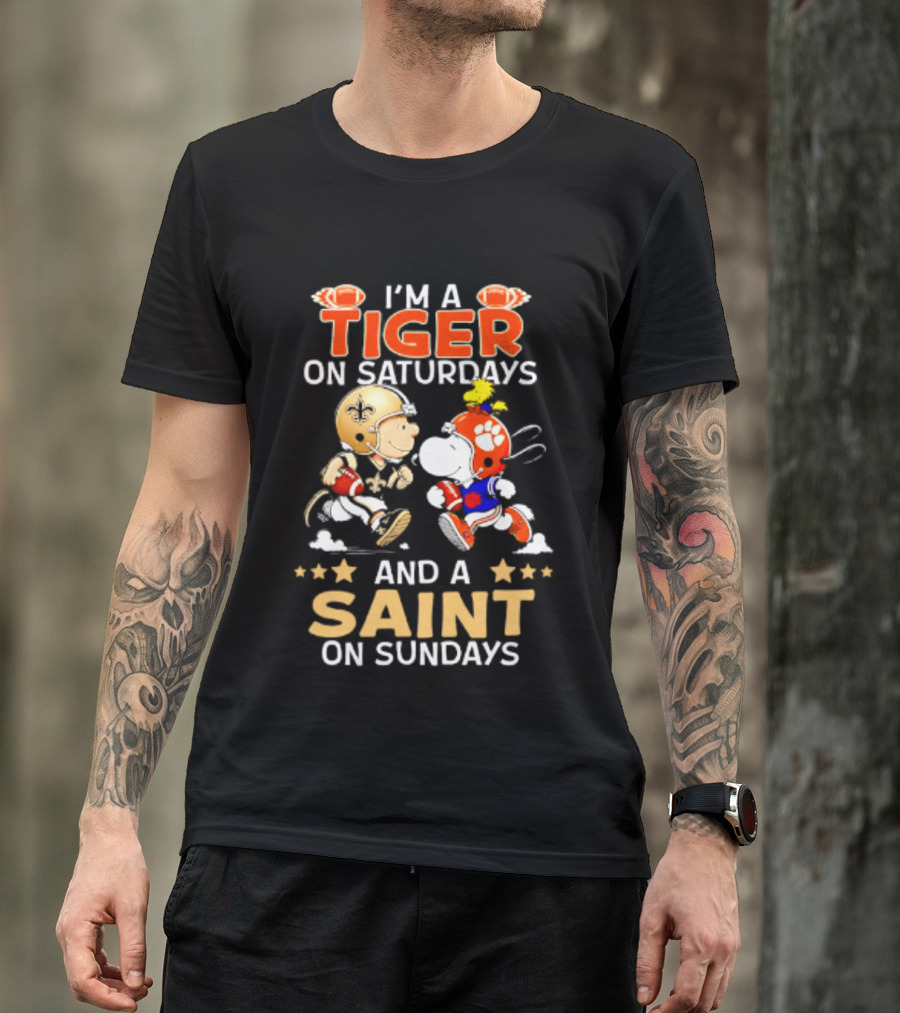 Tiger On Saturdays And Saint On Sundays Football Peanuts Characters T-Shirt