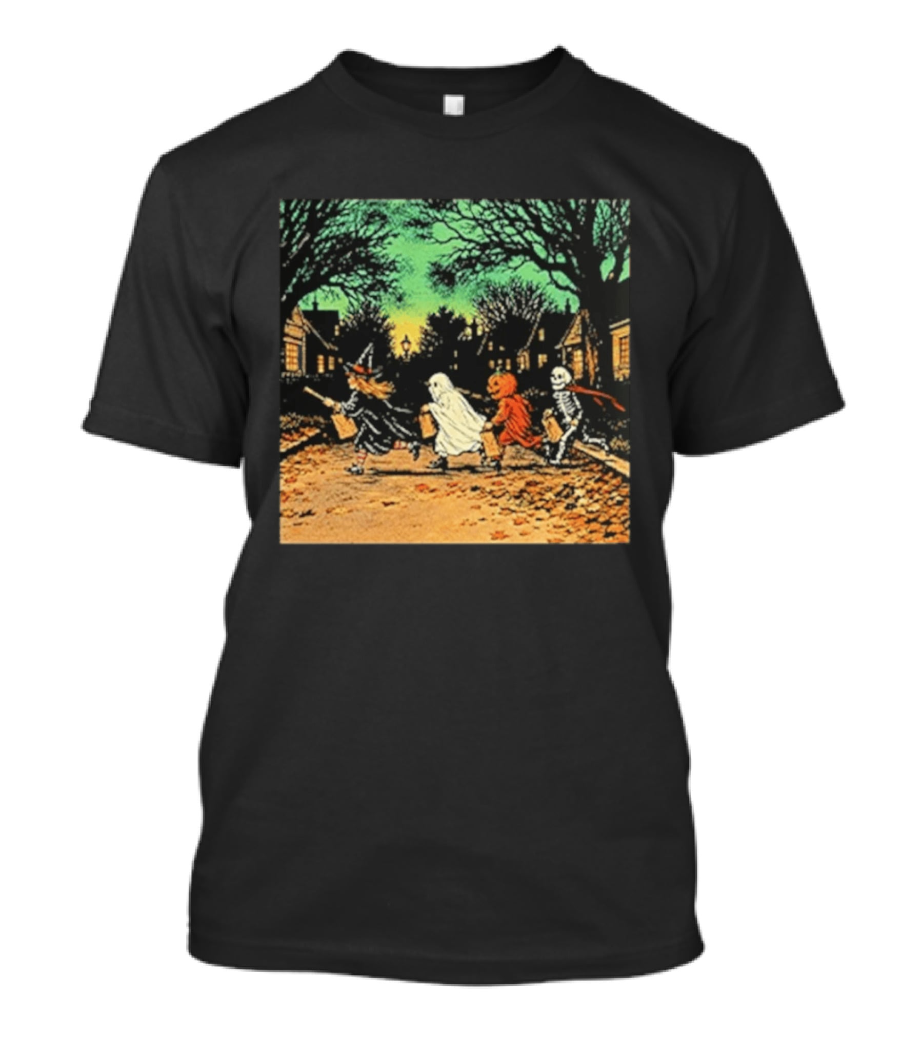 Trick Or Treat Witch Ghost Pumpkin Skeleton Halloween Scene T-Shirt