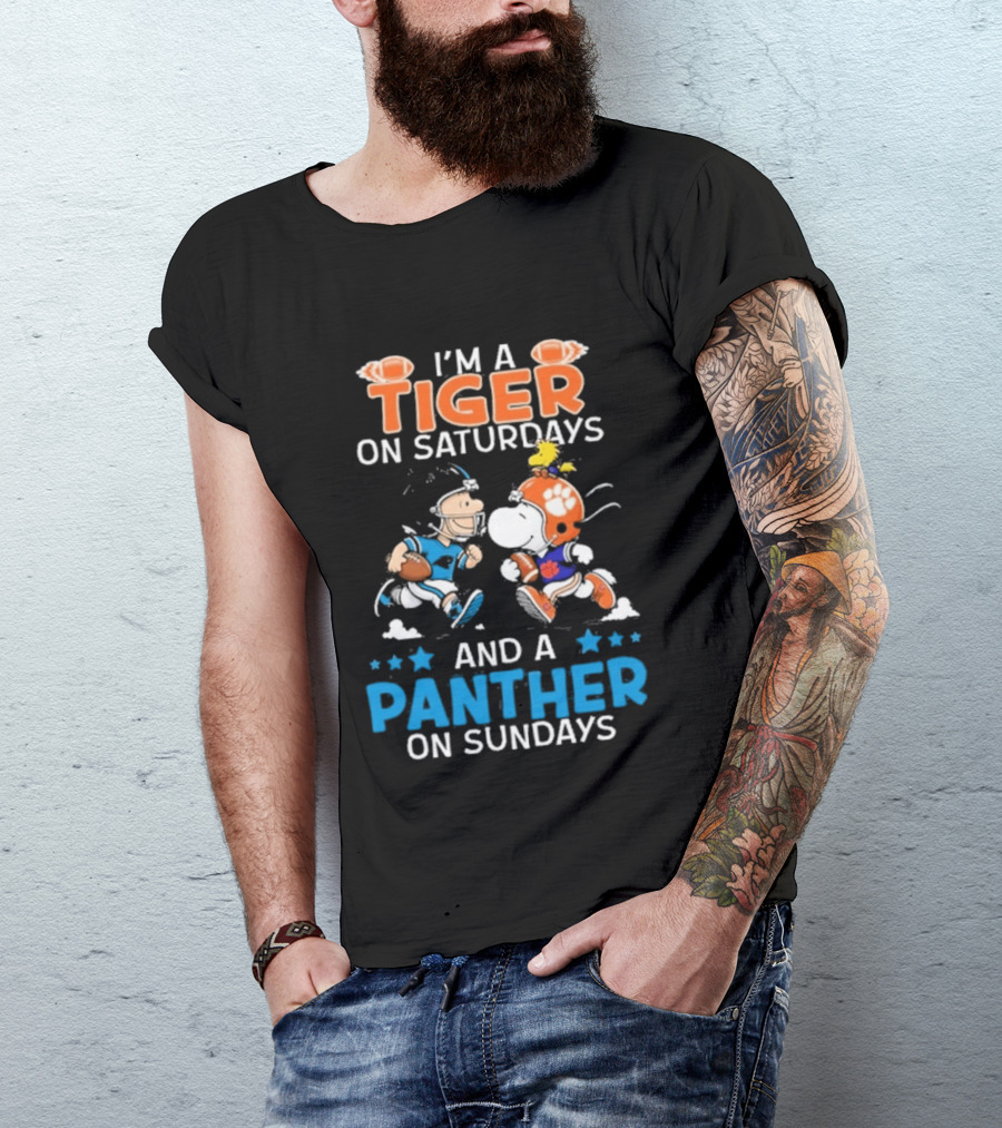 Charlie Brown Snoopy Tiger Saturdays Panther Sundays Football T-Shirt