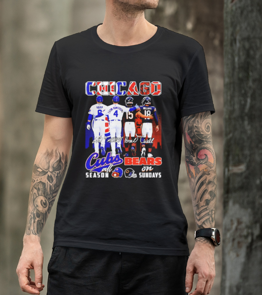 Chicago Cubs Happ And Bote Bears Fields And Moore Signature Skyline Sundays All Season T-Shirt