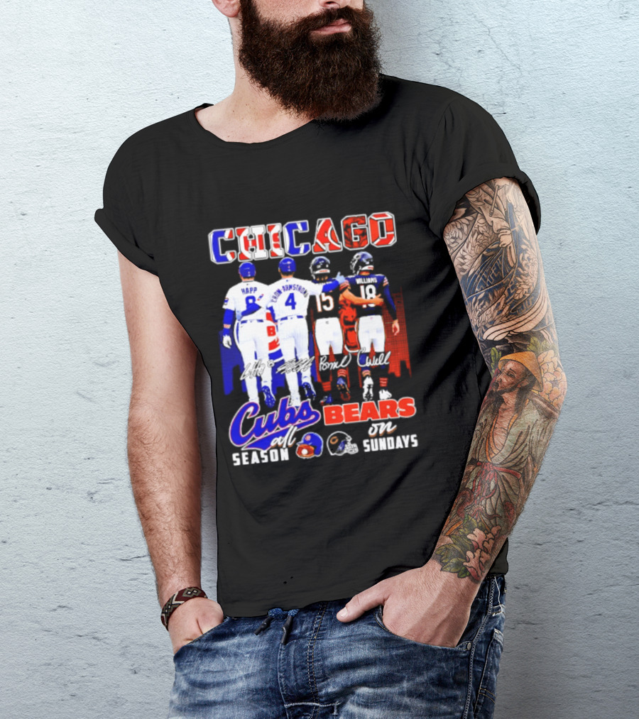 Chicago Cubs Happ And Bote Bears Fields And Moore Signature Skyline Sundays All Season T-Shirt