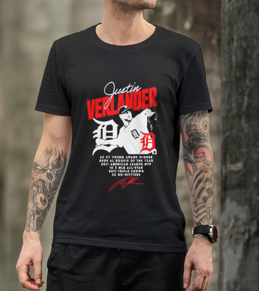 Detroit Tigers Justin Verlander No Hitter AL Rookie MVP Cy Young Winner MLB Career T-Shirt