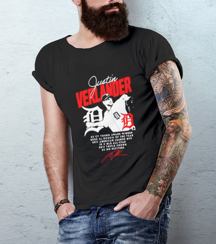 Detroit Tigers Justin Verlander No Hitter AL Rookie MVP Cy Young Winner MLB Career T-Shirt