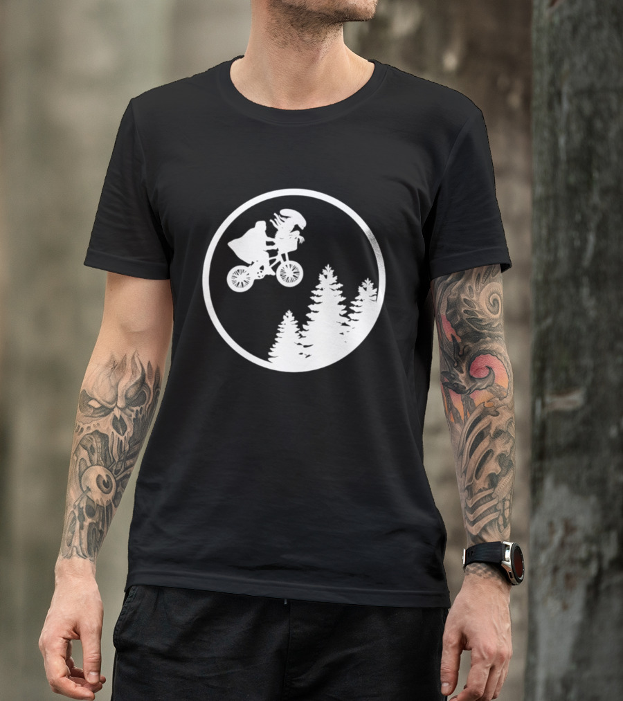 Alien On Bicycle With Trees In Circle Flying Scene 2026 T-Shirt