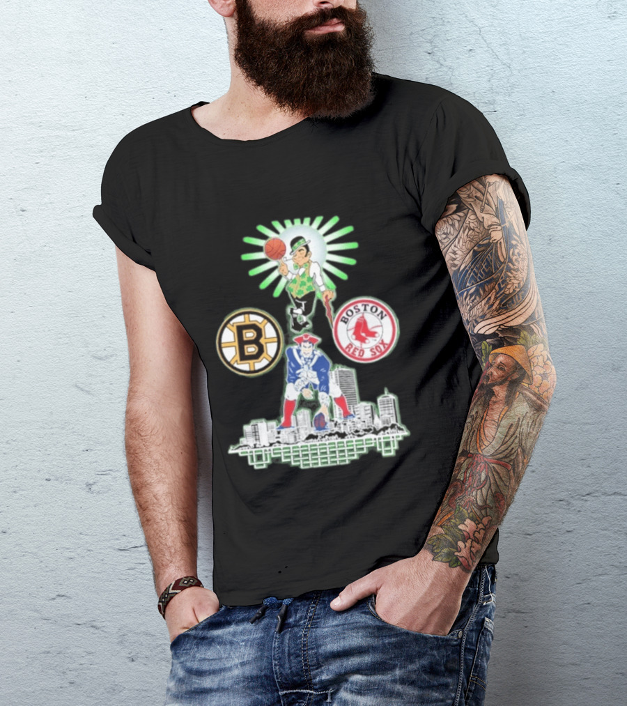 Boston Celtics Red Sox Bruins Skyline Triple Team Sports Boston T-Shirt