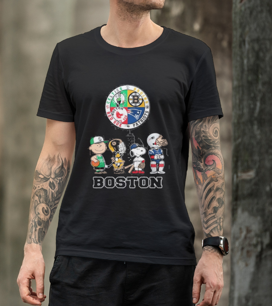 Boston Celtics Bruins Red Sox Patriots Cartoon Characters Skyline Sports T-Shirt
