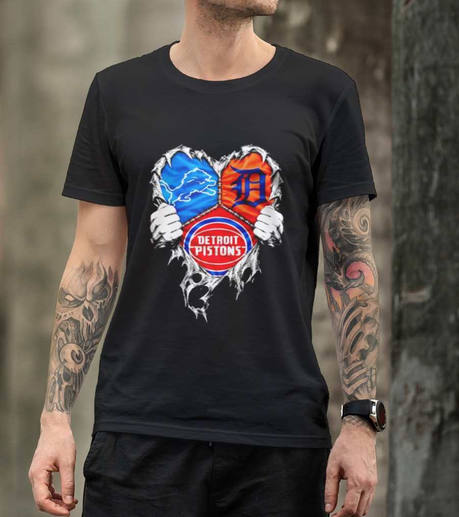 Detroit Lions Tigers Pistons Heart Scratch Mashup T-Shirt