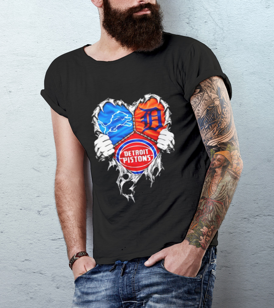 Detroit Lions Tigers Pistons Heart Scratch Mashup T-Shirt