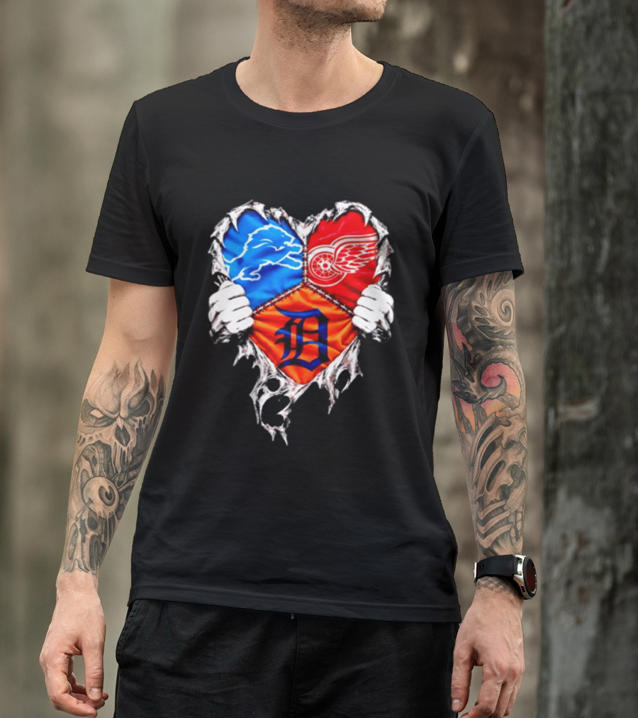 Detroit Lions Red Wings Tigers Heart Scratch Mashup T-Shirt
