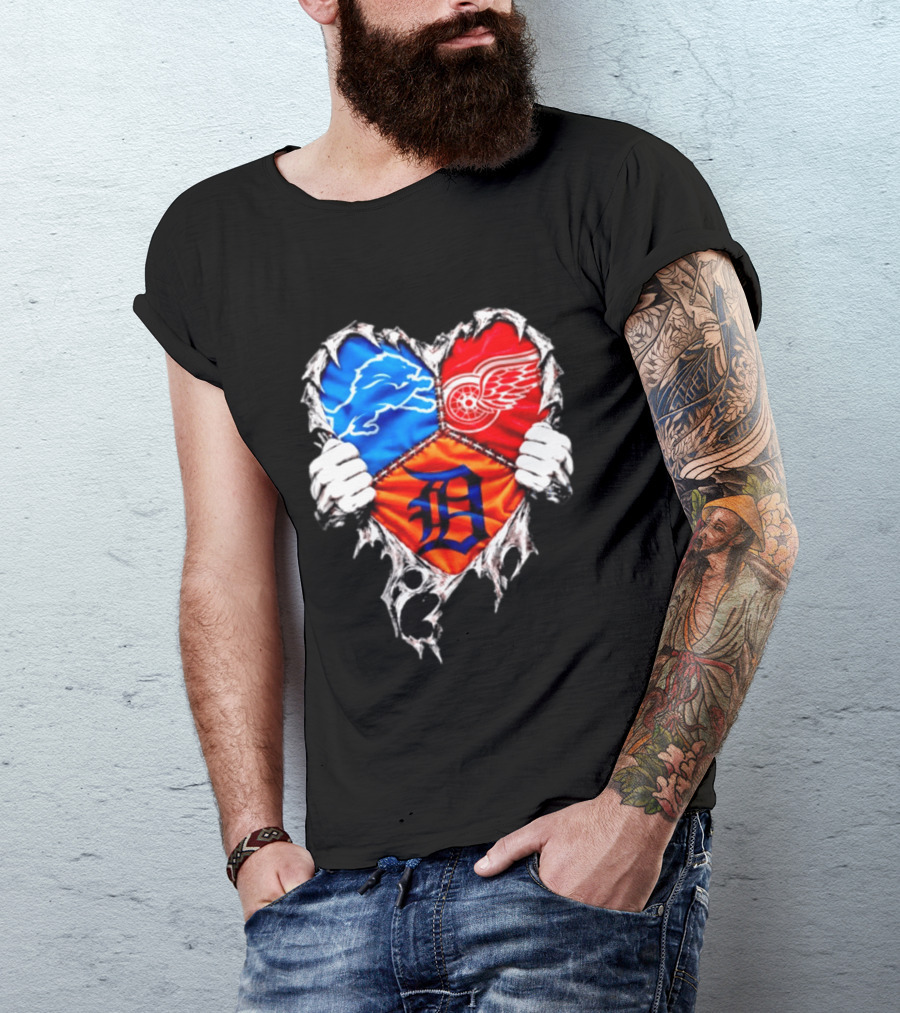 Detroit Lions Red Wings Tigers Heart Scratch Mashup T-Shirt