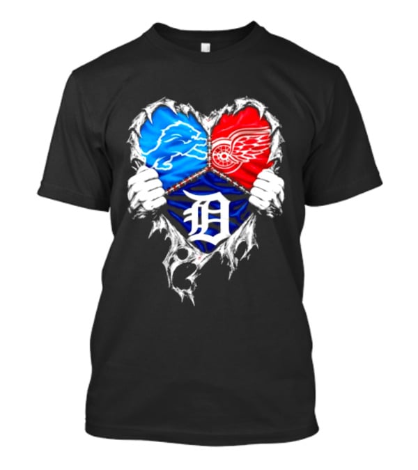 Detroit Lions Red Wings Tigers Heart Scratch Mashup T-Shirt