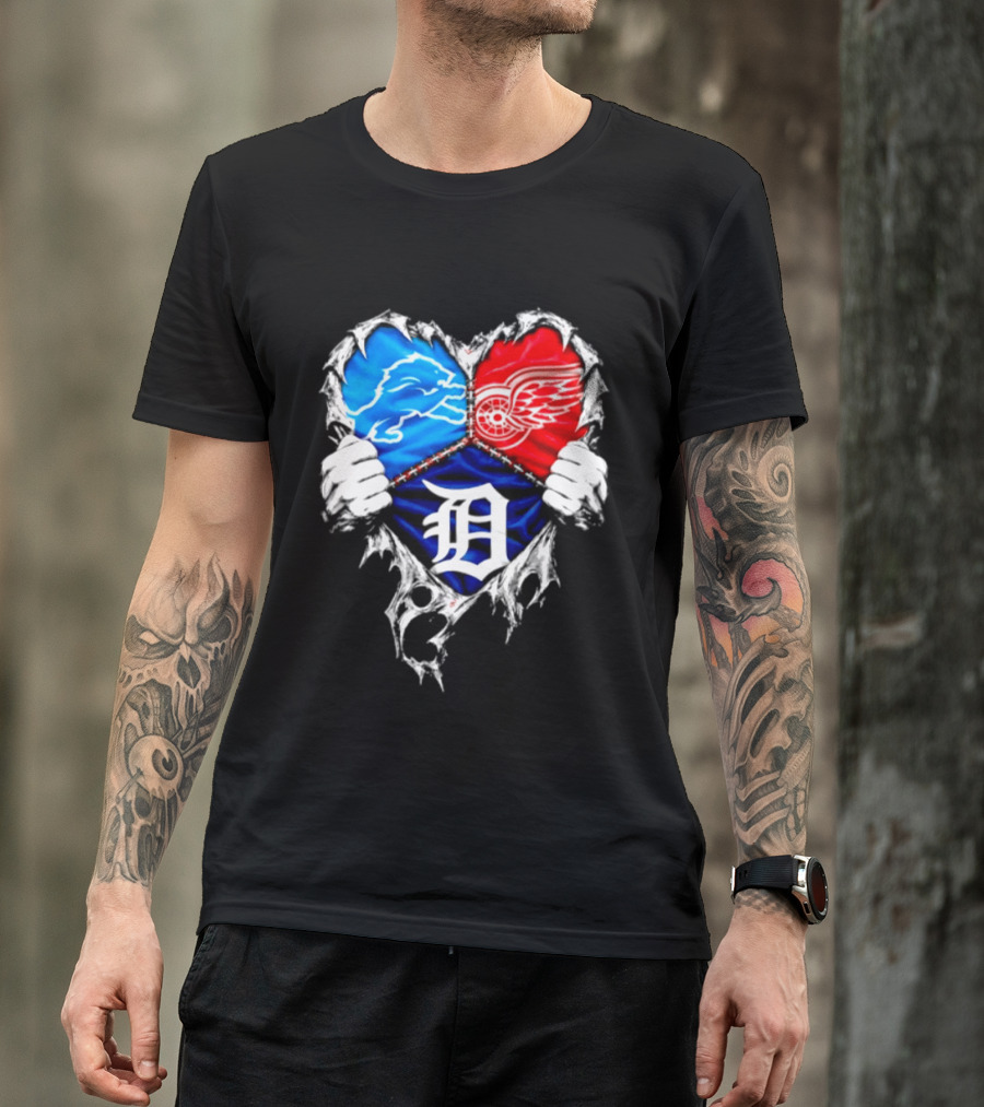Detroit Lions Red Wings Tigers Heart Scratch Mashup T-Shirt
