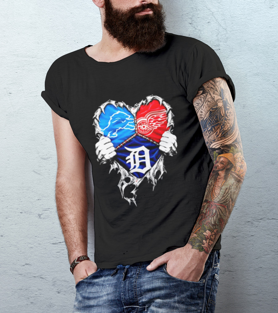 Detroit Lions Red Wings Tigers Heart Scratch Mashup T-Shirt