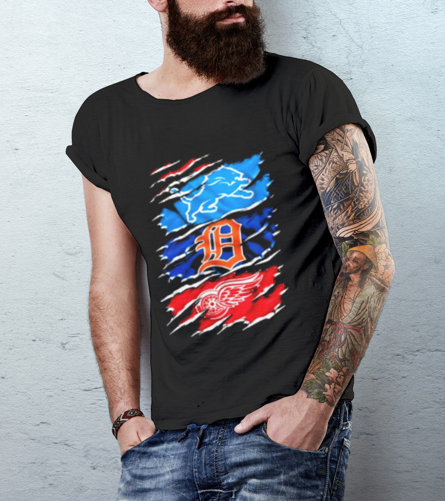 Detroit Lions Tigers Red Wings Scratch Mashup T-Shirt