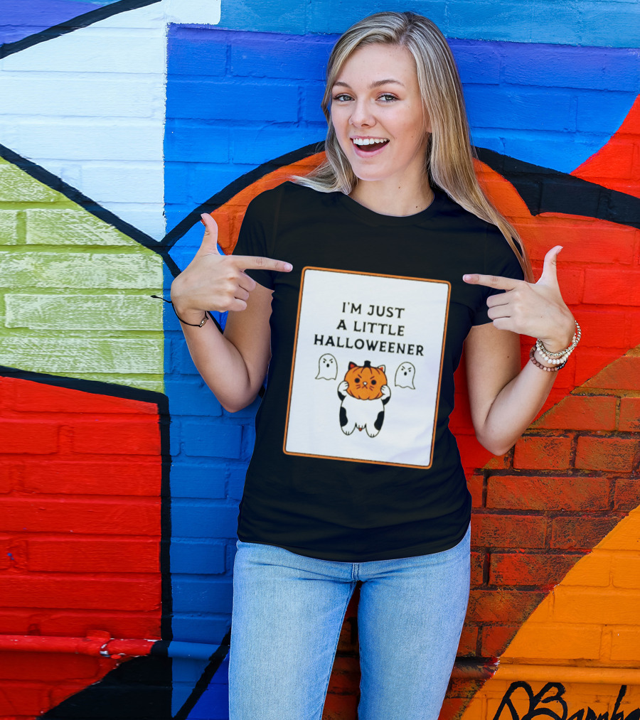I'm Just A Little Halloweener Cat Holding Pumpkin Face With Ghosts T-Shirt
