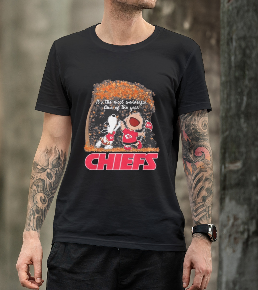 Kansas City Chiefs Snoopy Charlie Brown Dancing It's The Most Wonderful Time Of The Year T-Shirt