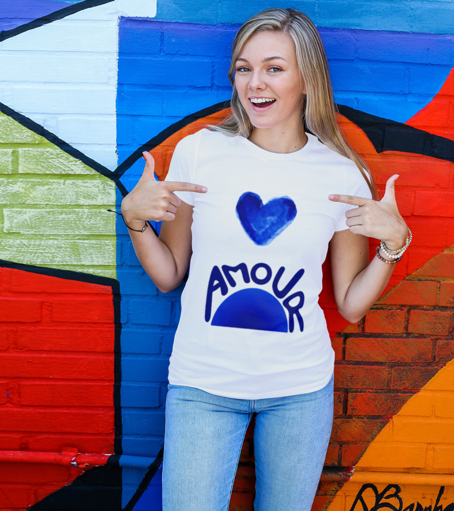 Amour Blue Heart French Love Watercolor T-Shirt