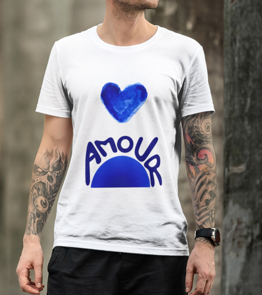Amour Blue Heart French Love Watercolor T-Shirt