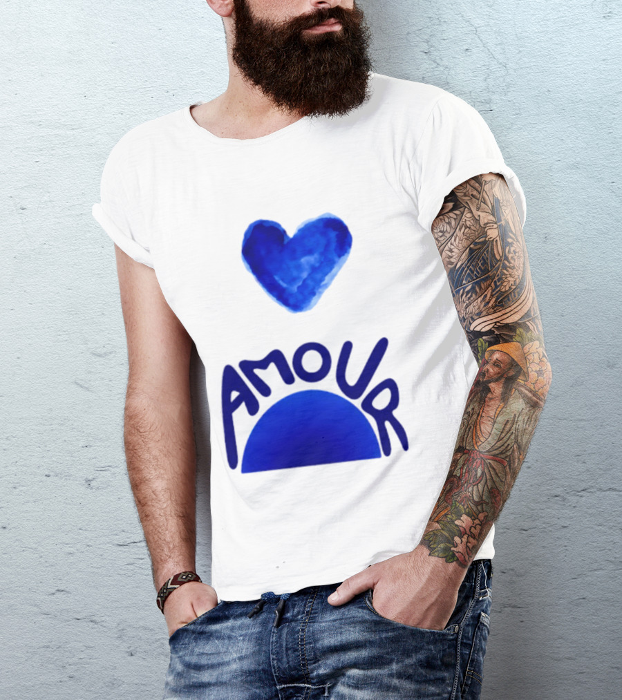 Amour Blue Heart French Love Watercolor T-Shirt