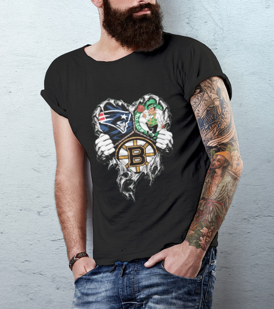New England Patriots Boston Celtics Boston Bruins Ripped Heart Triple Team Sports T-Shirt