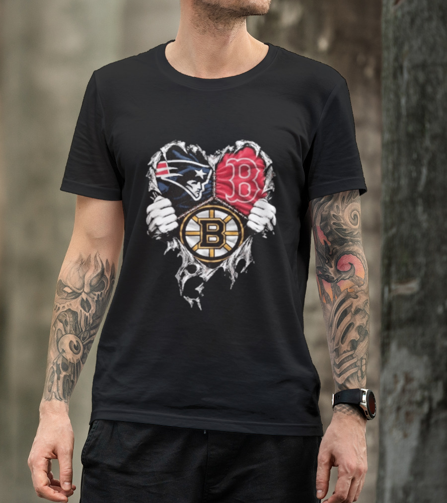 New England Patriots Boston Red Sox Boston Bruins Heart Iconic Trio T-Shirt